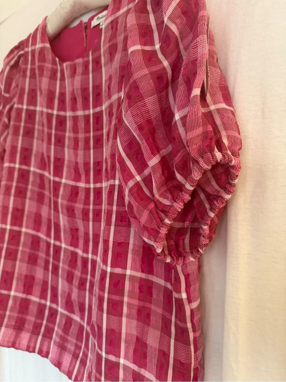 Madewell Pink Plaid Puff-Sleeve Blouse